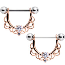 Load image into Gallery viewer, 9/16 Clear CZ Gem Rose Gold Flourish Dangle Nipple Barbell Set
