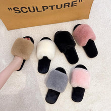 将图片加载到图库查看器，Fluffy Slippers Women Cozy Faux Fur Cross Indoor Floor Slides Flat Soft Furry Shoes Fluffy Furry Fur Slippers Flip Flop Open Toe Cozy House Memory Foam Sandals Slides Soft Flat Comfy Slippers
