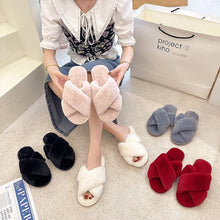 将图片加载到图库查看器，Fluffy Slippers Women Cozy Faux Fur Cross Indoor Floor Slides Flat Soft Furry Shoes Fluffy Furry Fur Slippers Flip Flop Open Toe Cozy House Memory Foam Sandals Slides Soft Flat Comfy Slippers
