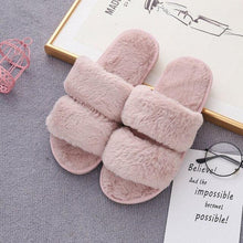 将图片加载到图库查看器，Fluffy Slippers Women Cozy Faux Fur Cross Indoor Floor Slides Flat Soft Furry Shoes Fluffy Furry Fur Slippers Flip Flop Open Toe Cozy House Memory Foam Sandals Slides Soft Flat Comfy Slippers
