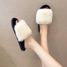 将图片加载到图库查看器，Fluffy Slippers Women Cozy Faux Fur Cross Indoor Floor Slides Flat Soft Furry Shoes Fluffy Furry Fur Slippers Flip Flop Open Toe Cozy House Memory Foam Sandals Slides Soft Flat Comfy Slippers
