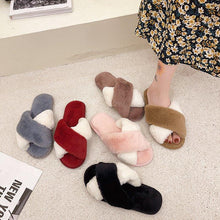 将图片加载到图库查看器，Fluffy Slippers Women Cozy Faux Fur Cross Indoor Floor Slides Flat Soft Furry Shoes Fluffy Furry Fur Slippers Flip Flop Open Toe Cozy House Memory Foam Sandals Slides Soft Flat Comfy Slippers
