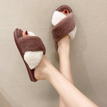 将图片加载到图库查看器，Fluffy Slippers Women Cozy Faux Fur Cross Indoor Floor Slides Flat Soft Furry Shoes Fluffy Furry Fur Slippers Flip Flop Open Toe Cozy House Memory Foam Sandals Slides Soft Flat Comfy Slippers
