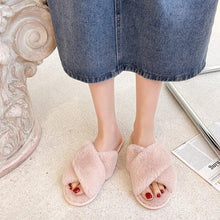 将图片加载到图库查看器，Fluffy Slippers Women Cozy Faux Fur Cross Indoor Floor Slides Flat Soft Furry Shoes Fluffy Furry Fur Slippers Flip Flop Open Toe Cozy House Memory Foam Sandals Slides Soft Flat Comfy Slippers
