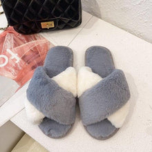 将图片加载到图库查看器，Fluffy Slippers Women Cozy Faux Fur Cross Indoor Floor Slides Flat Soft Furry Shoes Fluffy Furry Fur Slippers Flip Flop Open Toe Cozy House Memory Foam Sandals Slides Soft Flat Comfy Slippers
