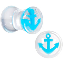 Load image into Gallery viewer, Clear Acrylic Double Flare Turquoise Blue Anchor Saddle Plug Set 6mm to 20mm
