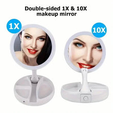 Load image into Gallery viewer, Foldable LED Vanity Mirror With Storage Box, Double-sided 1X &amp; 10X Magnifying Retractable Mirror
