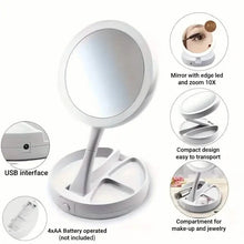 Load image into Gallery viewer, Foldable LED Vanity Mirror With Storage Box, Double-sided 1X &amp; 10X Magnifying Retractable Mirror
