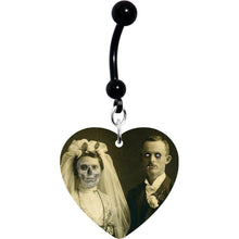 Load image into Gallery viewer, Skeleton Bride Vampire Groom Halloween Black Heart Dangle Belly Ring
