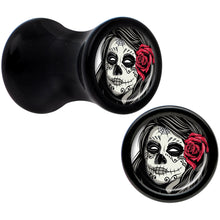 Load image into Gallery viewer, Black Acrylic Katrina Sugar Skull with Rose Flower Saddle Plug Set 4G
