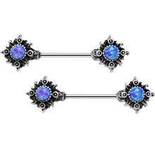 Load image into Gallery viewer, 14G 5/8 Blue Synthetic Opal Tribal Sun Barbell Nipple Ring Set
