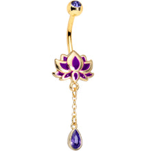 Load image into Gallery viewer, Purple Gem Gold Tone Anodized Blooming Lotus Flower Dangle Belly Ring
