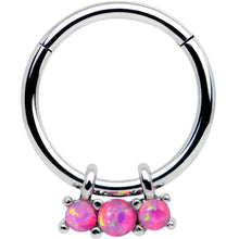 Load image into Gallery viewer, 16G 3/8 Pink Synthetic Opal Trio Hinged Segment Ring
