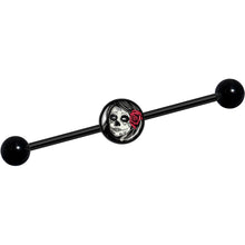Load image into Gallery viewer, 14G Katrina Sugar Skull with Rose Flower Black Industrial Barbell 37mm
