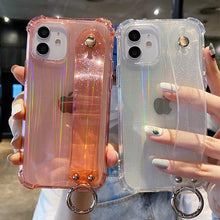 将图片加载到图库查看器，Glitter Wrist Strap Transparent Shockproof Soft Cover with Strap Phone Case For iPhone 13 11 12 14 Pro Max XS Max XR X 7 8 Plus 12 13Pro 14 Transparent Soft Back Cover Adjustable Strap Iphone Case
