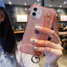 将图片加载到图库查看器，Glitter Wrist Strap Transparent Shockproof Soft Cover with Strap Phone Case For iPhone 13 11 12 14 Pro Max XS Max XR X 7 8 Plus 12 13Pro 14 Transparent Soft Back Cover Adjustable Strap Iphone Case
