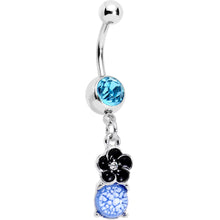 Load image into Gallery viewer, Aqua Gem Blue White Cracked Orb Black Garden Flower Dangle Belly Ring
