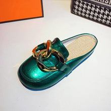 Load image into Gallery viewer, Gold Chain Women Slipper Closed Toe Slip On Mules Shoes Round Toe Low Heels Casual Slides Flat Mules Comfortable Slides Mules Shoes Ladies Slip-On Luxury Shoes
