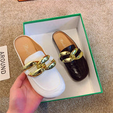 Load image into Gallery viewer, Gold Chain Women Slipper Closed Toe Slip On Mules Shoes Round Toe Low Heels Casual Slides Flat Mules Comfortable Slides Mules Shoes Ladies Slip-On Luxury Shoes
