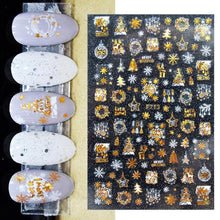 Load image into Gallery viewer, Gold Silver White Snowflakes 3D Nail Stickers Iridescent Self Adhesive Transfer Decals Manicures Art Decoration Slider  Nails Decals Sticker Hot Sexy Girl Tip Back Glue Decal Cool Lollipop Self Adhesive Acrylic Tips Tool Decoration
