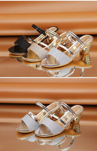 Load image into Gallery viewer, Gold Women Sandals Summer Open Toe High Heels Low Heel Shoes Ankle Strap High Women Sandals Women's Open Toe Fashion Ankle Strap Low Heel Dress Party Luxury Sandals
