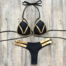 Load image into Gallery viewer, Golden Bikini Set Padded Women Swimsuit Push Up Swimwear Summer Beachwear Bathing Suit Women's Push Up Two Piece Bikini Swimsuits Elegant Lace Up Bathing Suits
