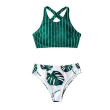 将图片加载到图库查看器，Green Stripe And Leaves Print Bikini Sets Women Tank Swimsuit Women's Two Piece High Neck Bikinis Swimsuits Modest Crop Top Bathing Suits For Teens Two Pieces Girls Beach Bathing Suits Swimwear
