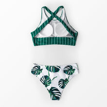 将图片加载到图库查看器，Green Stripe And Leaves Print Bikini Sets Women Tank Swimsuit Women's Two Piece High Neck Bikinis Swimsuits Modest Crop Top Bathing Suits For Teens Two Pieces Girls Beach Bathing Suits Swimwear

