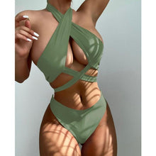 将图片加载到图库查看器，Halter Hollow Cross Bikinis Set Swimsuit Women's New Solid Two-Piece Swimwear Two Piece Swimsuit Halter Crisscross Cut Out Bikini Wrap Top with High Waist  Bottom Beach Swimwear Summer Beachwear Woman Bath Bathing Suit

