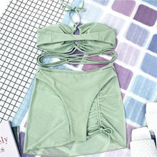 将图片加载到图库查看器，Halter Hollow Cross Bikinis Set Swimsuit Women's New Solid Two-Piece Swimwear Two Piece Swimsuit Halter Crisscross Cut Out Bikini Wrap Top with High Waist  Bottom Beach Swimwear Summer Beachwear Woman Bath Bathing Suit
