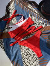 将图片加载到图库查看器，Halter Hollow Cross Bikinis Set Swimsuit Women's New Solid Two-Piece Swimwear Two Piece Swimsuit Halter Crisscross Cut Out Bikini Wrap Top with High Waist  Bottom Beach Swimwear Summer Beachwear Woman Bath Bathing Suit
