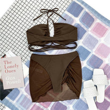 将图片加载到图库查看器，Halter Hollow Cross Bikinis Set Swimsuit Women's New Solid Two-Piece Swimwear Two Piece Swimsuit Halter Crisscross Cut Out Bikini Wrap Top with High Waist  Bottom Beach Swimwear Summer Beachwear Woman Bath Bathing Suit

