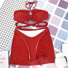 将图片加载到图库查看器，Halter Hollow Cross Bikinis Set Swimsuit Women's New Solid Two-Piece Swimwear Two Piece Swimsuit Halter Crisscross Cut Out Bikini Wrap Top with High Waist  Bottom Beach Swimwear Summer Beachwear Woman Bath Bathing Suit
