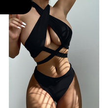 将图片加载到图库查看器，Halter Hollow Cross Bikinis Set Swimsuit Women's New Solid Two-Piece Swimwear Two Piece Swimsuit Halter Crisscross Cut Out Bikini Wrap Top with High Waist  Bottom Beach Swimwear Summer Beachwear Woman Bath Bathing Suit
