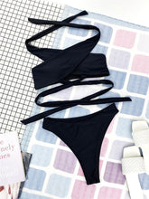 将图片加载到图库查看器，Halter Hollow Cross Bikinis Set Swimsuit Women's New Solid Two-Piece Swimwear Two Piece Swimsuit Halter Crisscross Cut Out Bikini Wrap Top with High Waist  Bottom Beach Swimwear Summer Beachwear Woman Bath Bathing Suit
