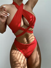 将图片加载到图库查看器，Halter Hollow Cross Bikinis Set Swimsuit Women's New Solid Two-Piece Swimwear Two Piece Swimsuit Halter Crisscross Cut Out Bikini Wrap Top with High Waist  Bottom Beach Swimwear Summer Beachwear Woman Bath Bathing Suit
