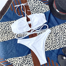 将图片加载到图库查看器，Halter Hollow Cross Bikinis Set Swimsuit Women's New Solid Two-Piece Swimwear Two Piece Swimsuit Halter Crisscross Cut Out Bikini Wrap Top with High Waist  Bottom Beach Swimwear Summer Beachwear Woman Bath Bathing Suit
