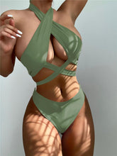 将图片加载到图库查看器，Halter Hollow Cross Bikinis Set Swimsuit Women's New Solid Two-Piece Swimwear Two Piece Swimsuit Halter Crisscross Cut Out Bikini Wrap Top with High Waist  Bottom Beach Swimwear Summer Beachwear Woman Bath Bathing Suit

