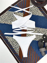 将图片加载到图库查看器，Halter Hollow Cross Bikinis Set Swimsuit Women's New Solid Two-Piece Swimwear Two Piece Swimsuit Halter Crisscross Cut Out Bikini Wrap Top with High Waist  Bottom Beach Swimwear Summer Beachwear Woman Bath Bathing Suit
