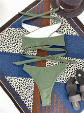 将图片加载到图库查看器，Halter Hollow Cross Bikinis Set Swimsuit Women's New Solid Two-Piece Swimwear Two Piece Swimsuit Halter Crisscross Cut Out Bikini Wrap Top with High Waist  Bottom Beach Swimwear Summer Beachwear Woman Bath Bathing Suit
