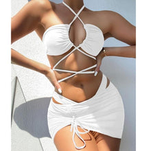 将图片加载到图库查看器，Halter Hollow Cross Bikinis Set Swimsuit Women's New Solid Two-Piece Swimwear Two Piece Swimsuit Halter Crisscross Cut Out Bikini Wrap Top with High Waist  Bottom Beach Swimwear Summer Beachwear Woman Bath Bathing Suit

