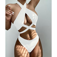 将图片加载到图库查看器，Halter Hollow Cross Bikinis Set Swimsuit Women's New Solid Two-Piece Swimwear Two Piece Swimsuit Halter Crisscross Cut Out Bikini Wrap Top with High Waist  Bottom Beach Swimwear Summer Beachwear Woman Bath Bathing Suit
