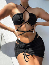 将图片加载到图库查看器，Halter Hollow Cross Bikinis Set Swimsuit Women's New Solid Two-Piece Swimwear Two Piece Swimsuit Halter Crisscross Cut Out Bikini Wrap Top with High Waist  Bottom Beach Swimwear Summer Beachwear Woman Bath Bathing Suit
