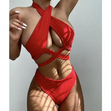 将图片加载到图库查看器，Halter Hollow Cross Bikinis Set Swimsuit Women's New Solid Two-Piece Swimwear Two Piece Swimsuit Halter Crisscross Cut Out Bikini Wrap Top with High Waist  Bottom Beach Swimwear Summer Beachwear Woman Bath Bathing Suit
