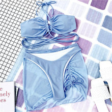 将图片加载到图库查看器，Halter Hollow Cross Bikinis Set Swimsuit Women's New Solid Two-Piece Swimwear Two Piece Swimsuit Halter Crisscross Cut Out Bikini Wrap Top with High Waist  Bottom Beach Swimwear Summer Beachwear Woman Bath Bathing Suit
