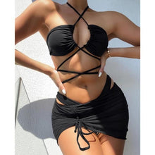 将图片加载到图库查看器，Halter Hollow Cross Bikinis Set Swimsuit Women's New Solid Two-Piece Swimwear Two Piece Swimsuit Halter Crisscross Cut Out Bikini Wrap Top with High Waist  Bottom Beach Swimwear Summer Beachwear Woman Bath Bathing Suit
