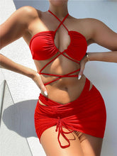 将图片加载到图库查看器，Halter Hollow Cross Bikinis Set Swimsuit Women's New Solid Two-Piece Swimwear Two Piece Swimsuit Halter Crisscross Cut Out Bikini Wrap Top with High Waist  Bottom Beach Swimwear Summer Beachwear Woman Bath Bathing Suit
