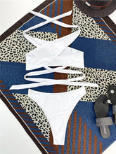 将图片加载到图库查看器，Halter Hollow Cross Bikinis Set Swimsuit Women's New Solid Two-Piece Swimwear Two Piece Swimsuit Halter Crisscross Cut Out Bikini Wrap Top with High Waist  Bottom Beach Swimwear Summer Beachwear Woman Bath Bathing Suit
