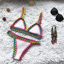 Load image into Gallery viewer, Handmade Women Bikini Crochet Knit Swimwear Halter Patchwork Bathing Suit Women's Swimsuit Strappy Side 2 Piece Bikini Set Triangle Beach Swimwear
