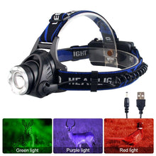 Load image into Gallery viewer, Headlamp Flashlight USB LED Head Rechargeable Light Waterproof Green/Red/UV 395nm Zoomable Headlamp Flashlight Light Outdoor   Waterproof Headlight Led Head Lamp 3 Modes Torch For Camping Hiking Fishing
